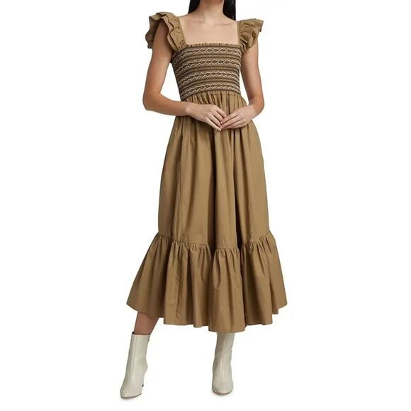 Cara Cara Khaki Ruby Smocked Ruffle Sleeve Tiered Maxi Dress Size Medium - Picture 1 of 6